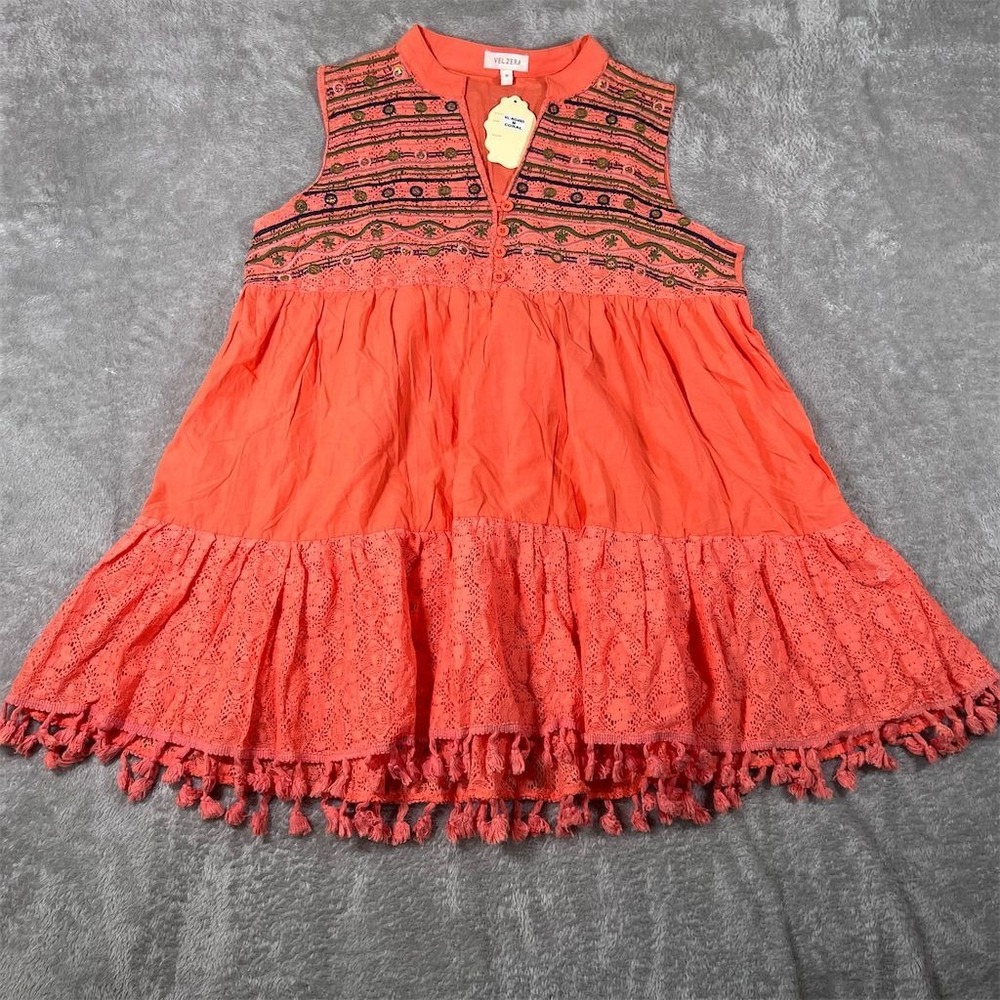 Vel Zera Women's M Orange Embroidered Lace Tassel Mini Dress Boho Chic NWT